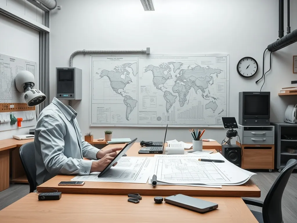 Professional technical workspace with blueprints and digital